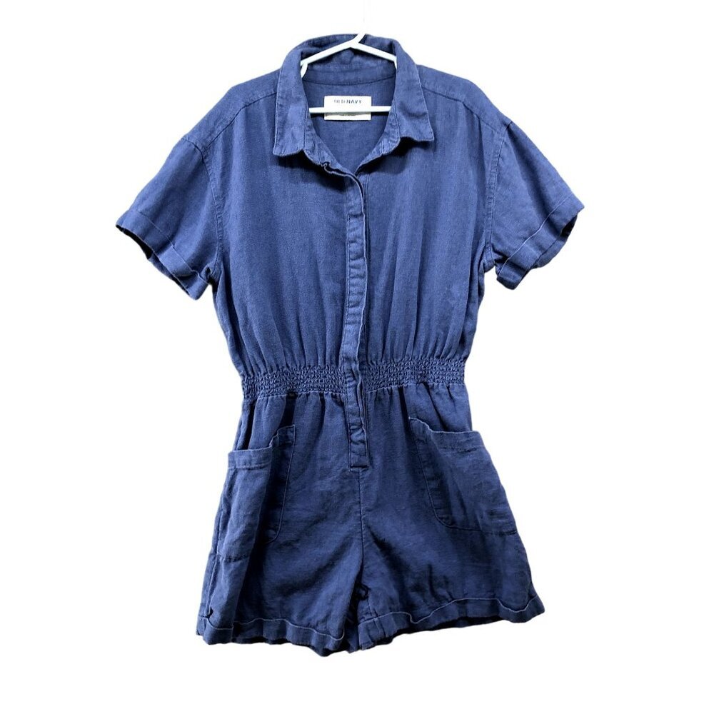 Old Navy Girls Size L 10-12 Linen Blend Utility Romper Blue Short Sleeve